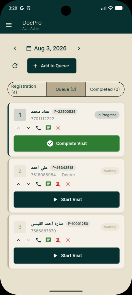 The day's queue with registration, queue and completed tabs