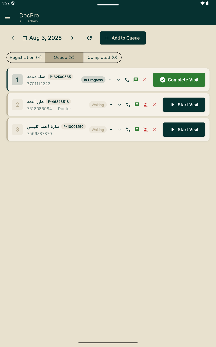 Queue management with registration, queue and completed tabs